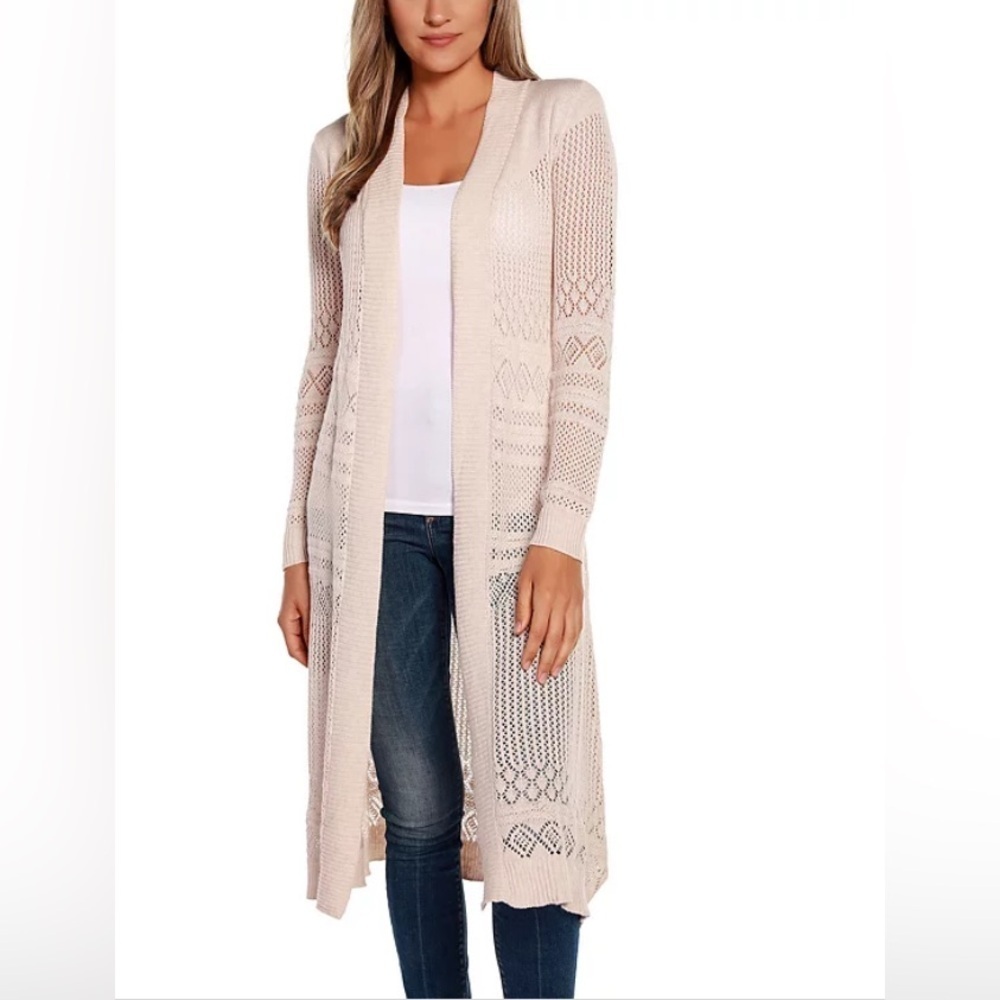 Belldini Taupe‎ Boho Open Knit Extra Long Duster Cardigan Sweater